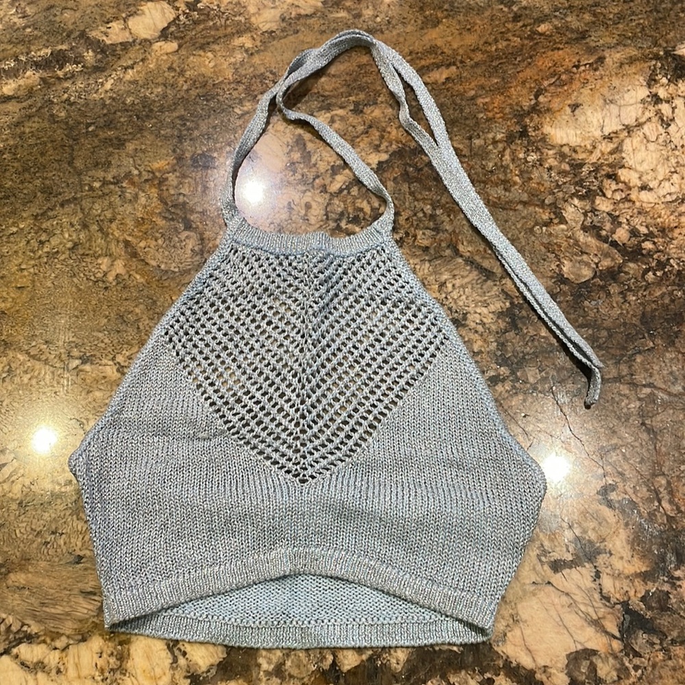 Lovers + Friends Halter Blue and Sparkle Crop Top